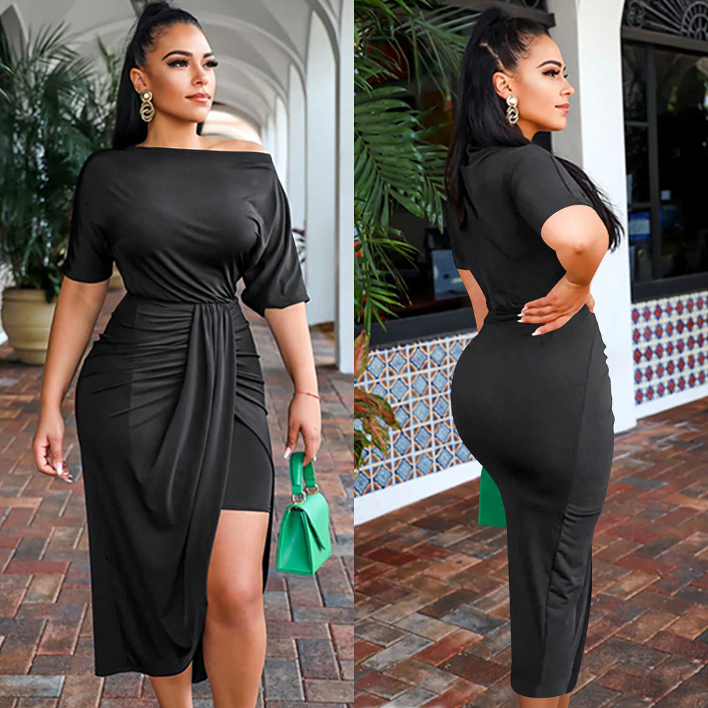 Sexy Solid Short Sleeve Irregular Bodycon Dress
