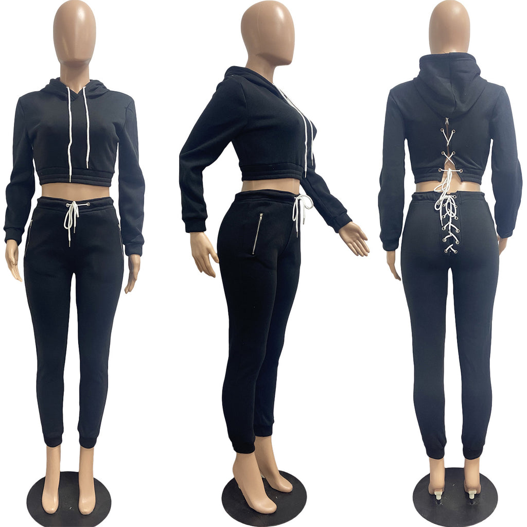 Sexy Solid Plush Hooded Lace Up Long Sleeve 2 Piece Pants Set