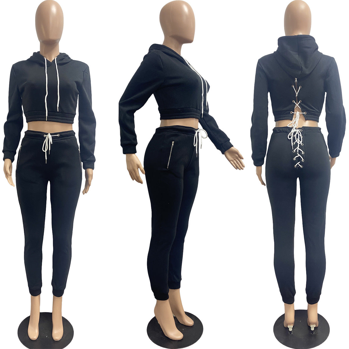 Sexy Solid Plush Hooded Lace Up Long Sleeve 2 Piece Pants Set