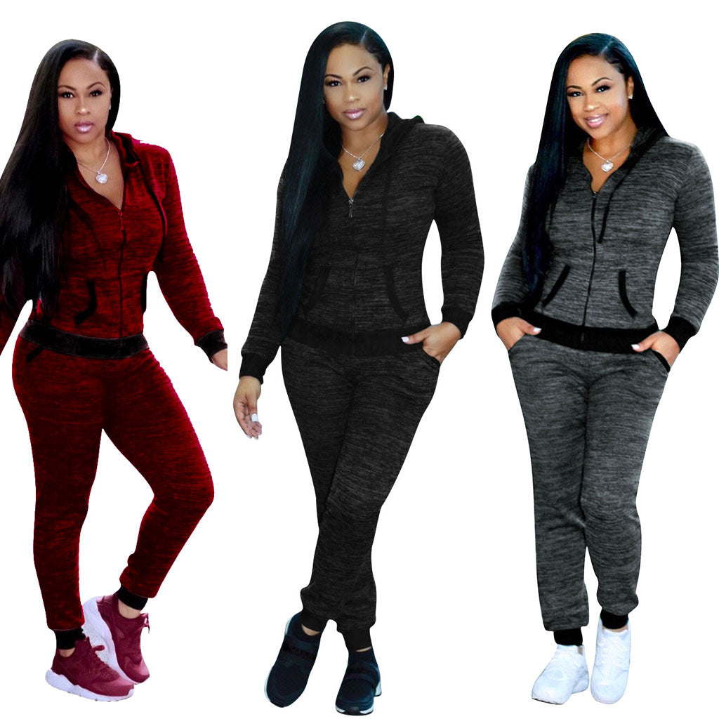 Sexy Hooded Zipper Long Sleeve Pants Sports Suit