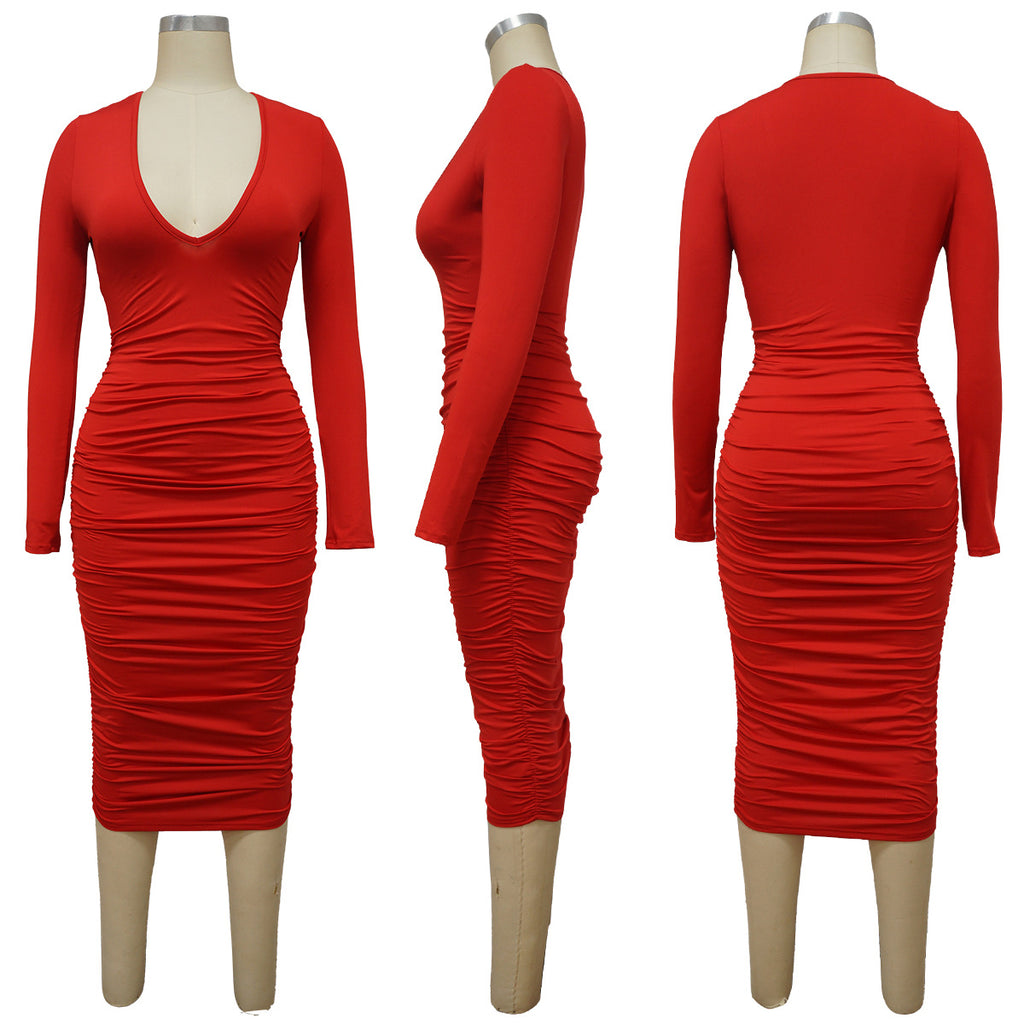 Sexy Solid Color Long Sleeve Skinny Ruched V-neck Midi Dress