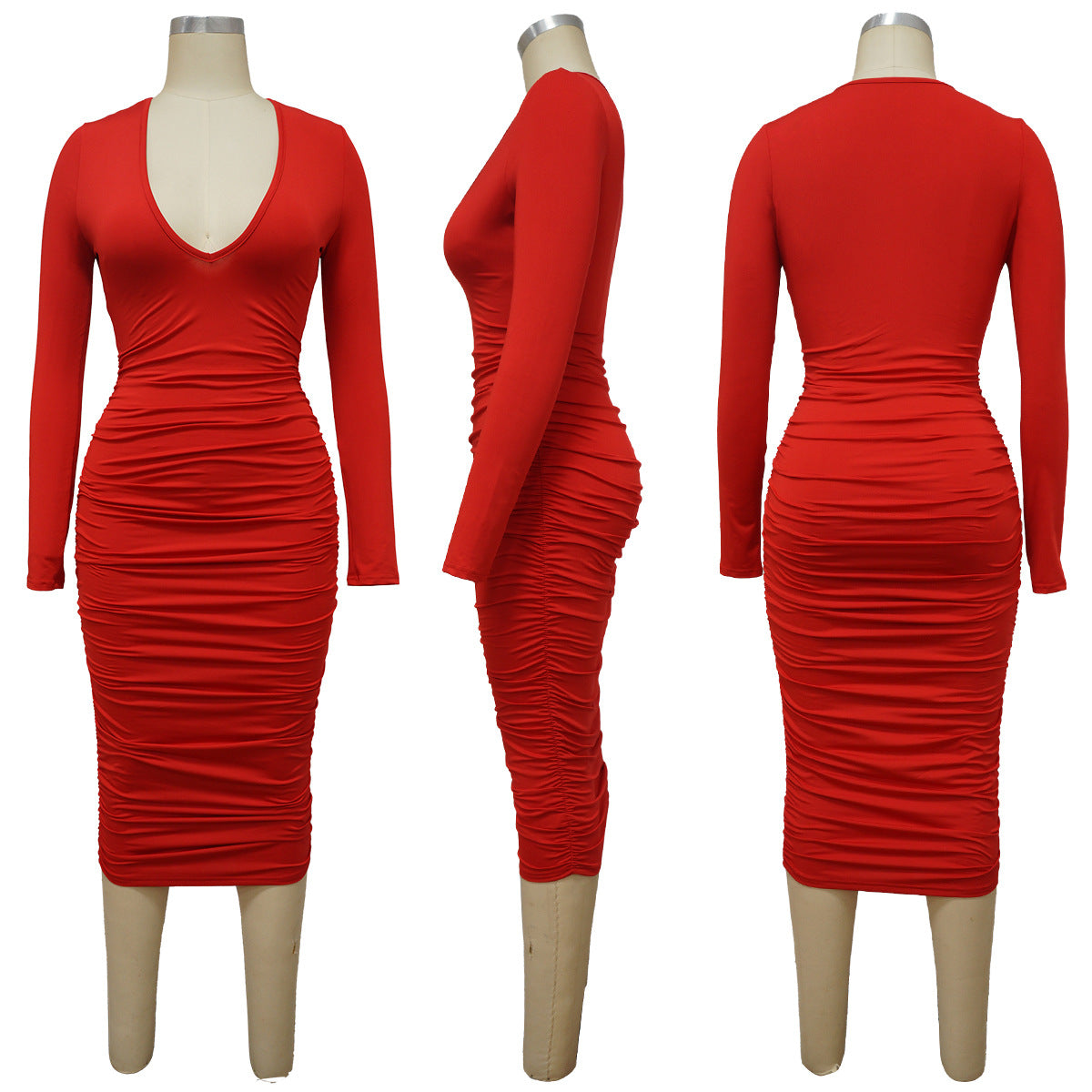 Sexy Solid Color Long Sleeve Skinny Ruched V-neck Midi Dress