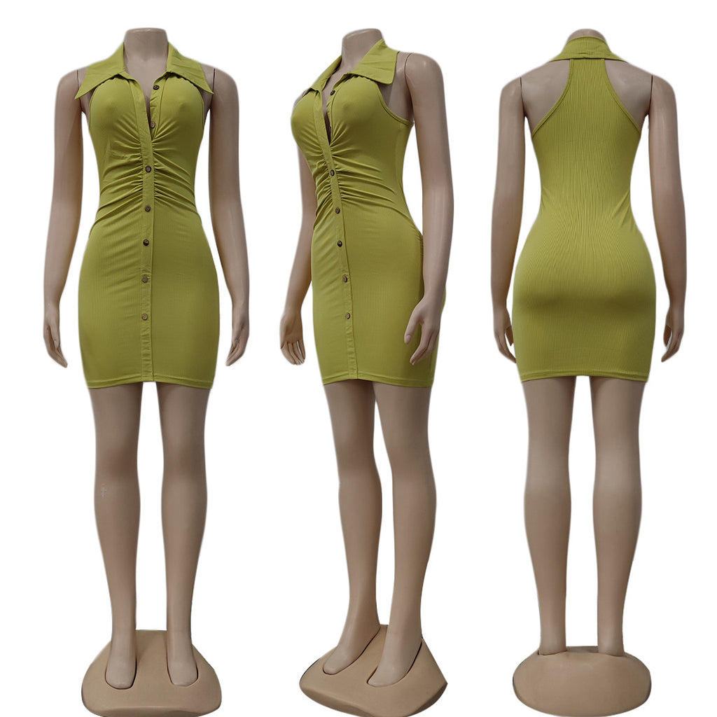 Sexy Solid Sleeveless Turndown Collar Slim Mini Dress
