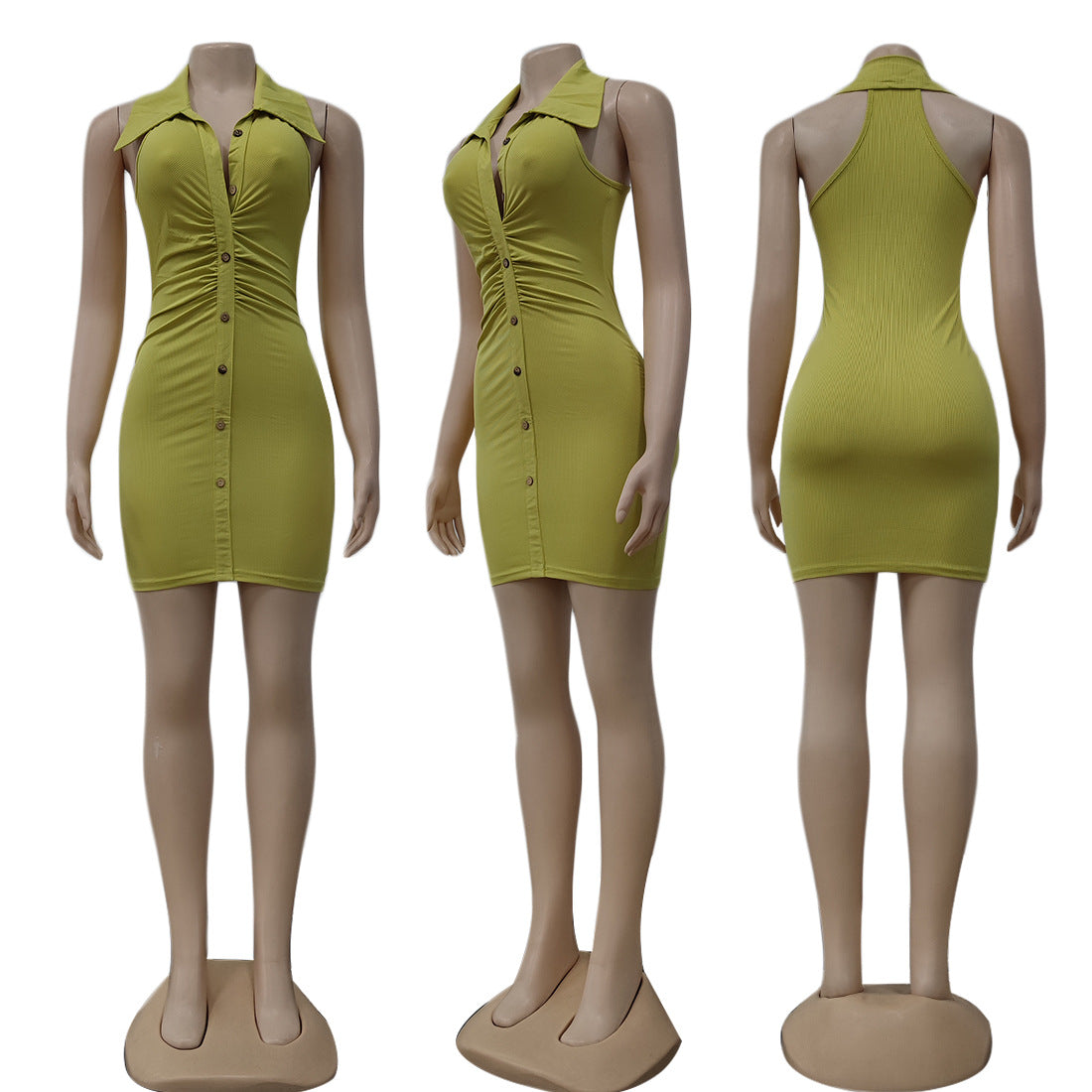Sexy Solid Sleeveless Turndown Collar Slim Mini Dress
