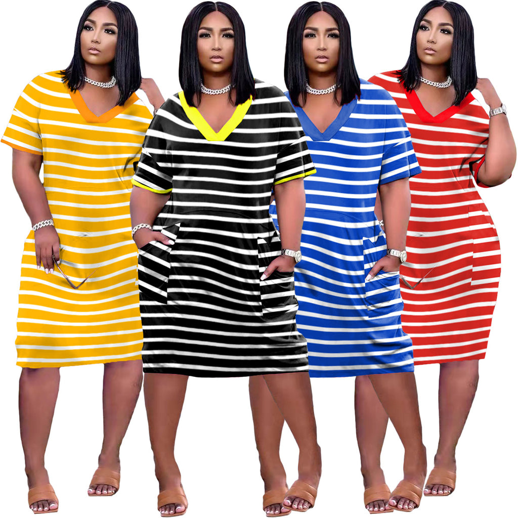 Sexy Plus Size Casual Stripe Print V-Neck Pockets Dress