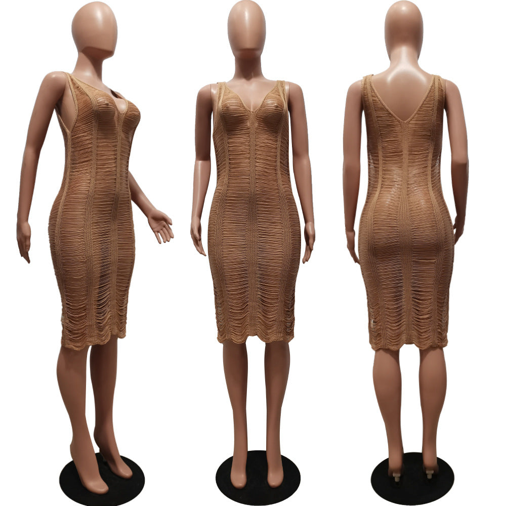 Sexy Solid Knit Sleeveless Hollow Out Midi Dress
