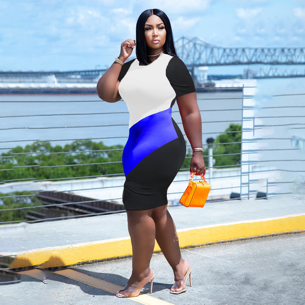 Sexy Plus Size Contrast Color Short Sleeve Bodycon Dress