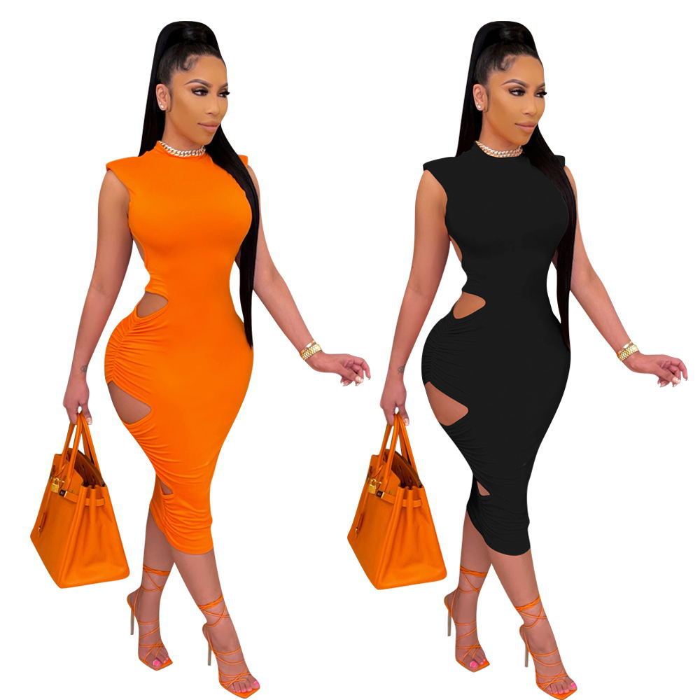 Sexy Solid Sleeveless Backless Hollow Midi Dress