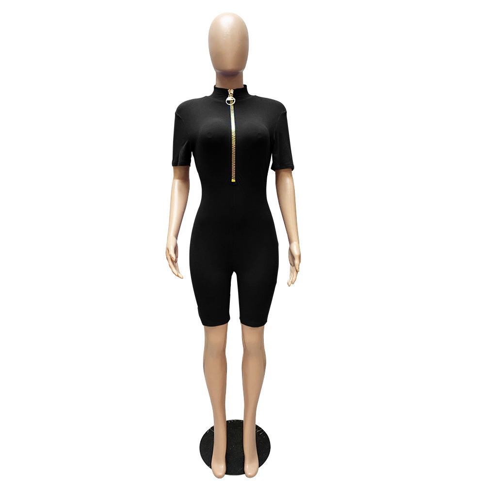 Sexy Casual Solid Short Sleeve Zipper Romper