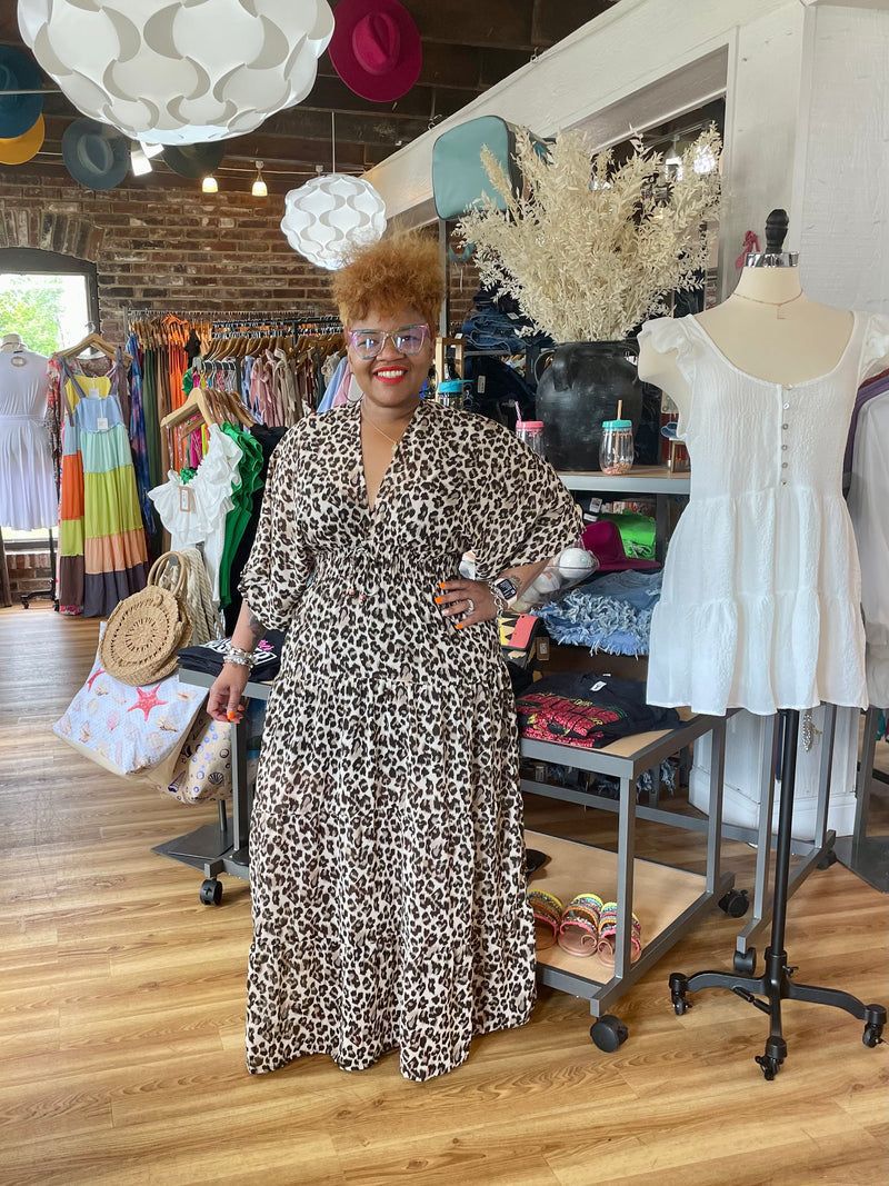 Sexy Plus Size Leopard Print V Neck High Waist Maxi Dress