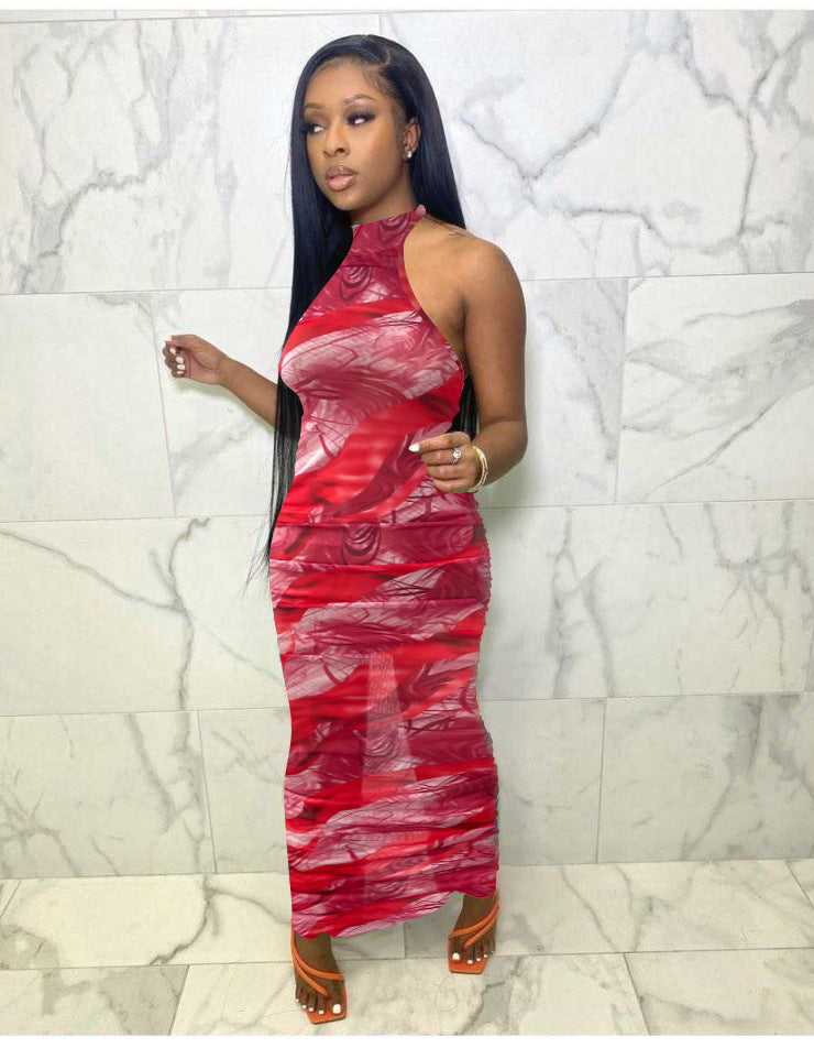 Sexy Sexy Mesh Print Halter Ruched Maxi Dress