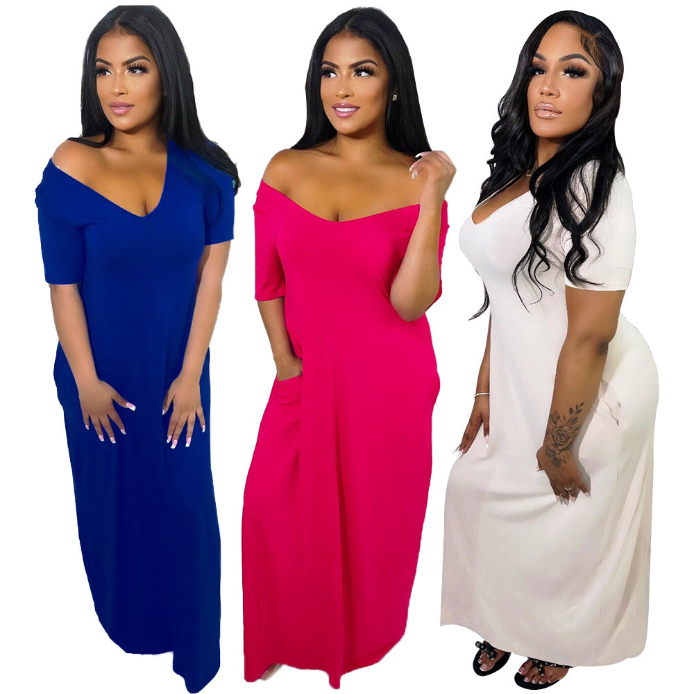 Sexy Solid Short Sleeve Pocket Maxi Dress