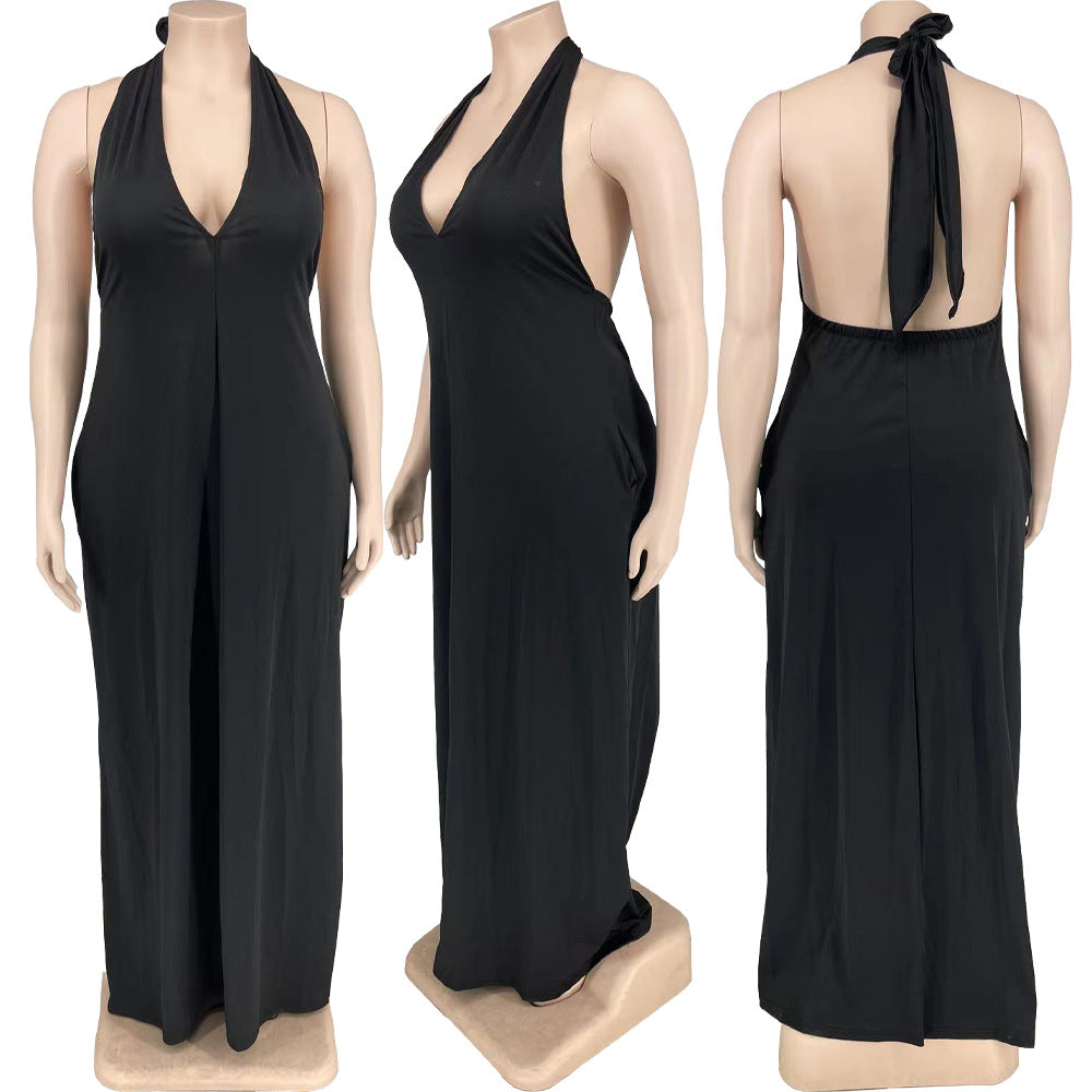 Sexy Plus Size Solid V Neck Halter Maxi Dress