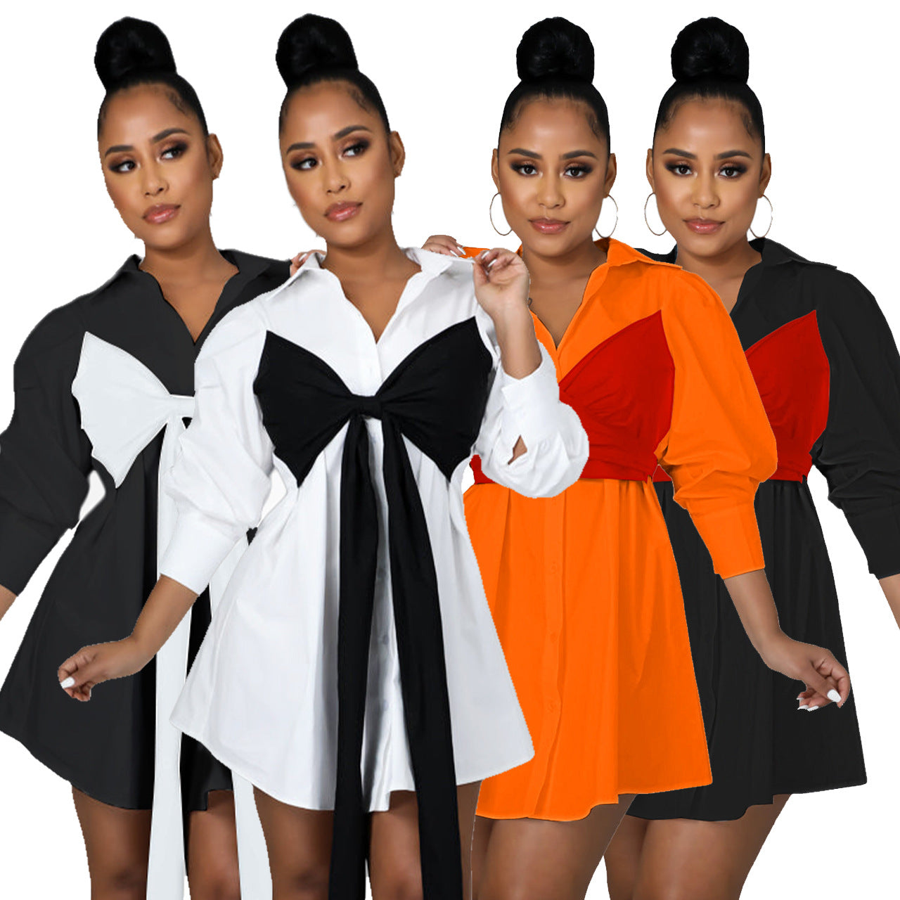 Sexy Contrast Colot Bow-Tie Long Sleeve Shirt Dress
