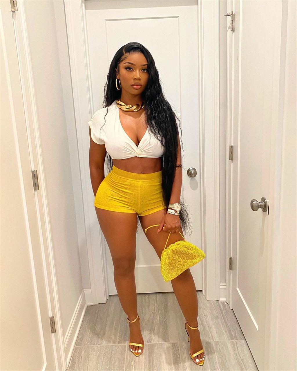 Sexy Sexy V Neck Crop Top And Shorts 2 Piece Sets