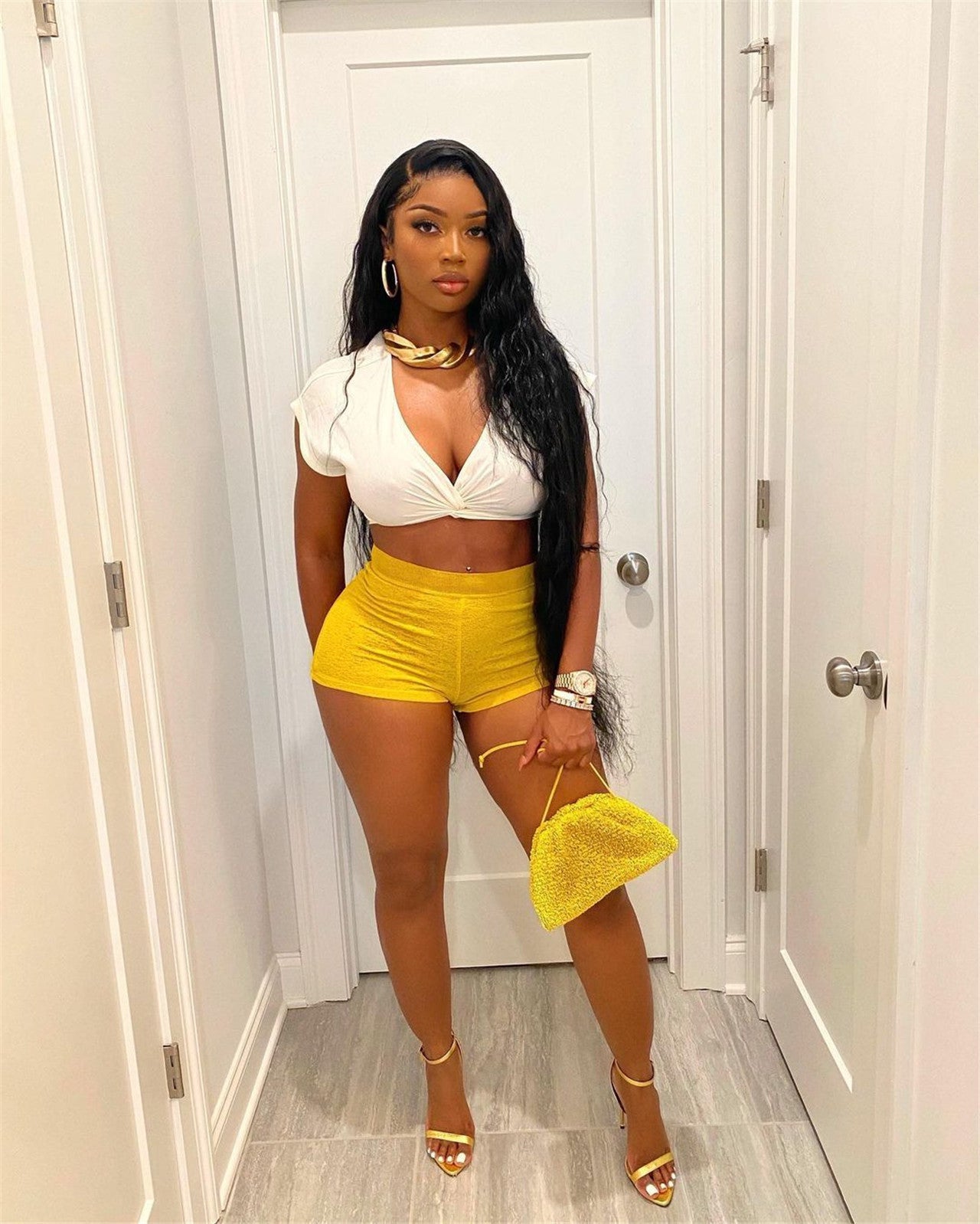 Sexy Sexy V Neck Crop Top And Shorts 2 Piece Sets