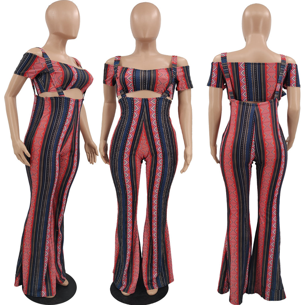 Sexy Print Tube Top Short Sleeve Sling Flared Pants Two Piece Sets (Without Mask)