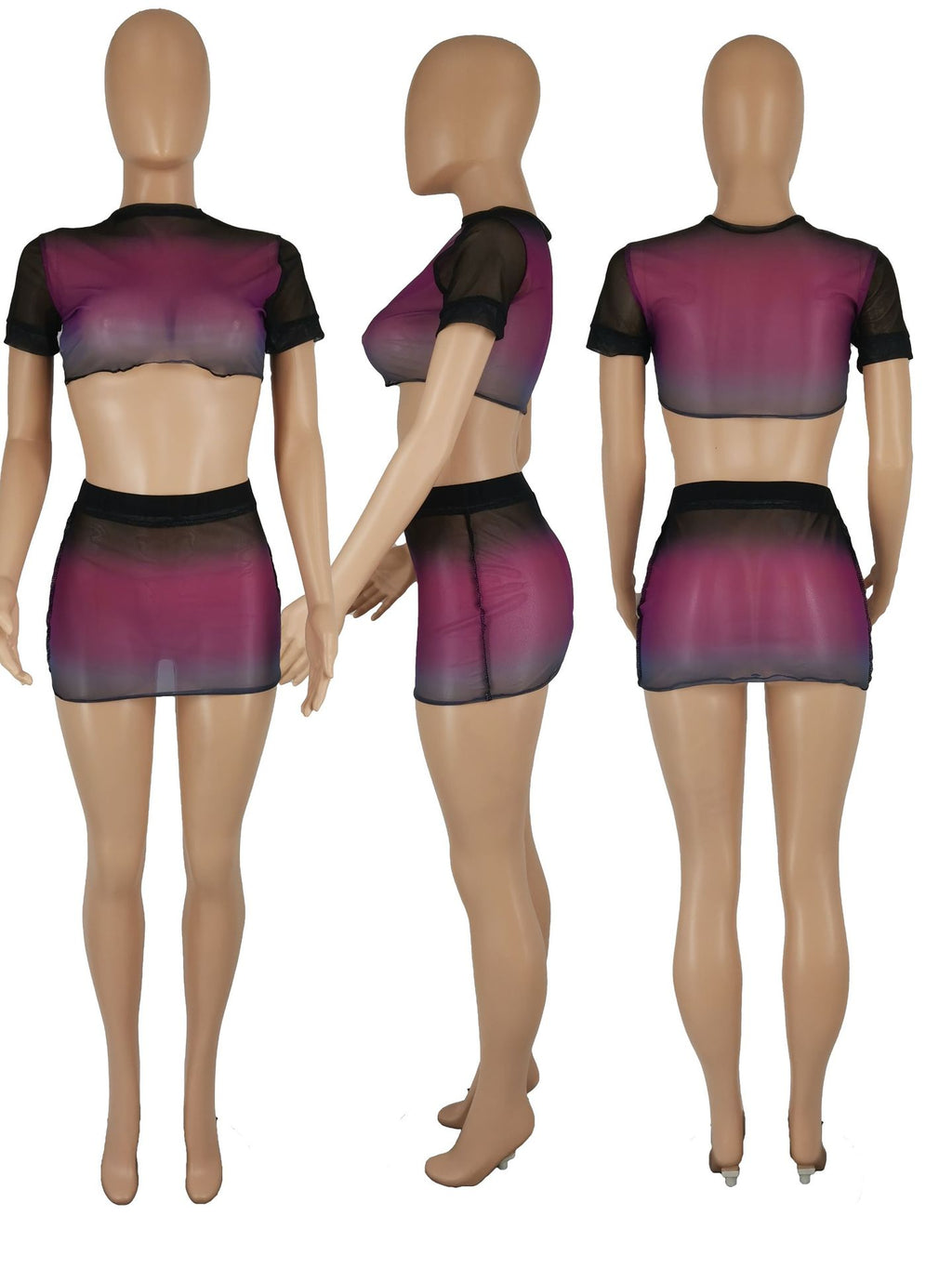 Sexy Sexy Gradient Mesh Crop Top Mini Skirt 2 Piece Sets