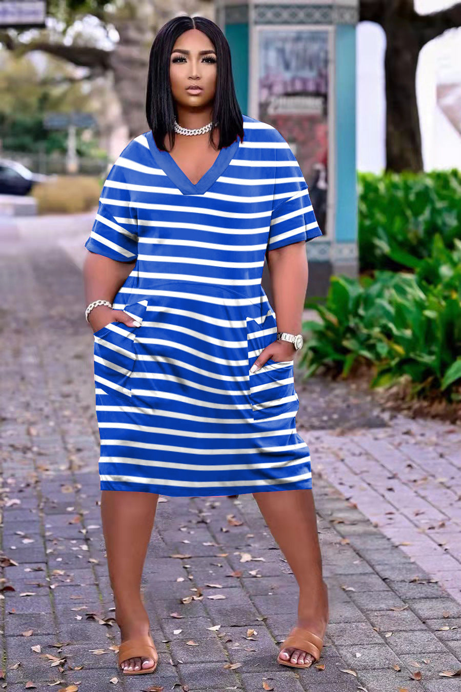 Sexy Plus Size Casual Stripe Print V-Neck Pockets Dress