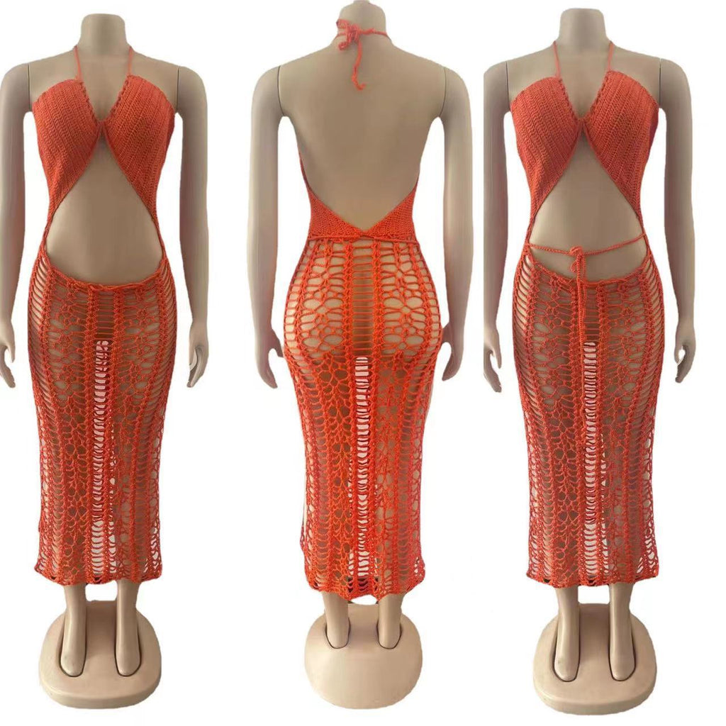 Sexy Solid Color Halter Side Slit Sling Beach Dress