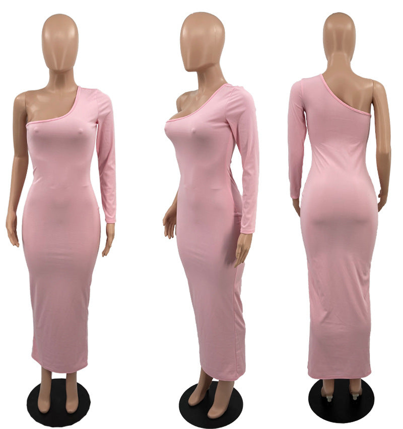 Sexy Solid Color Single Sleeve Maxi Dress