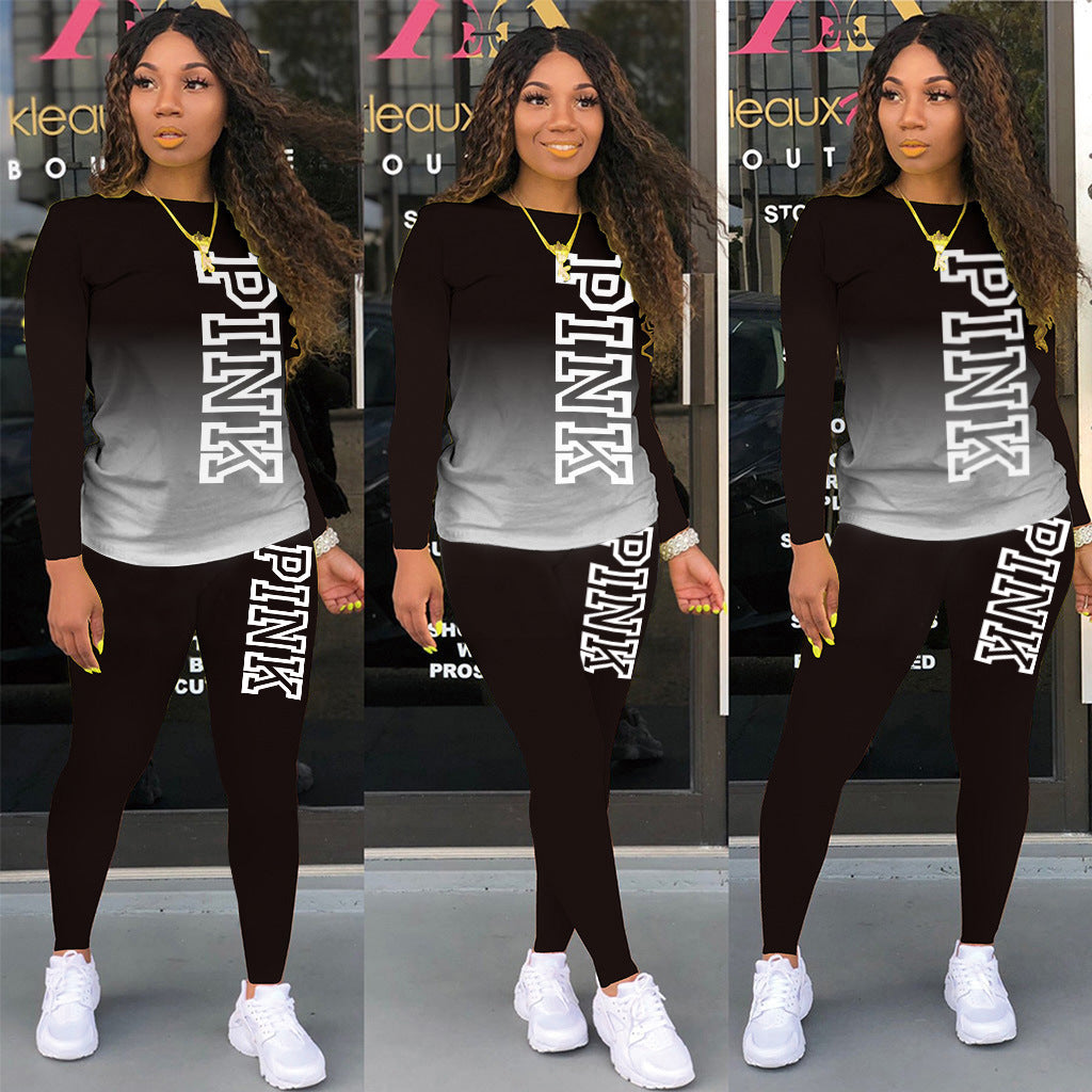 Sexy Plus Size PINK Letter Print Gradient Long Sleeve Two Piece Set