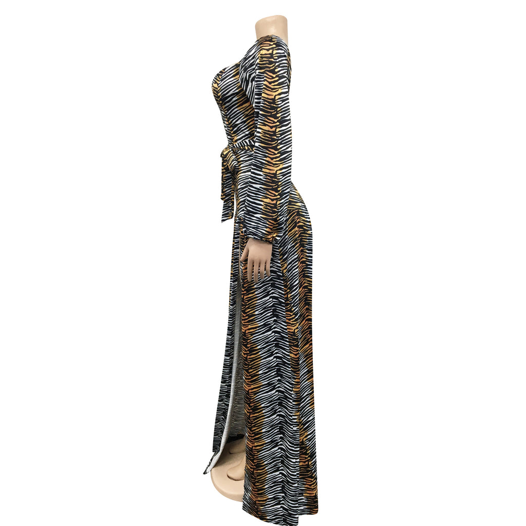 Sexy Sexy Printed V Neck Long Sleeve Split Sashes Maxi Dress