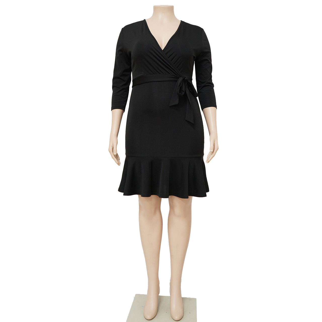 Sexy Plus Size Solid V Neck 3/4 Sleeve Ruffled Bodycon Dress
