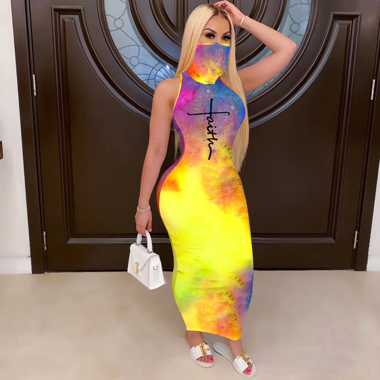 Sexy Tie Dye Print Mask One Piece Sleeveless Maxi Dress
