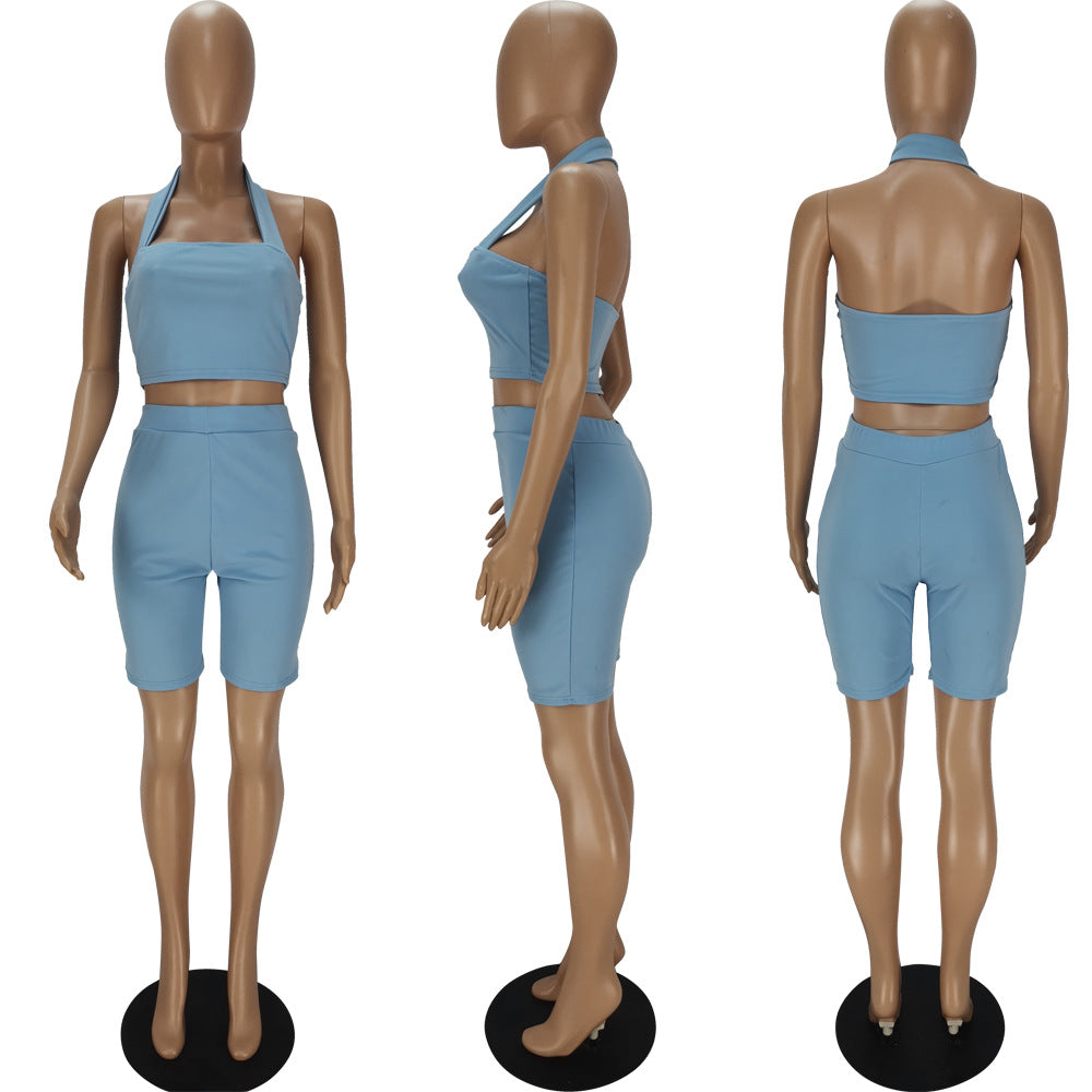 Sexy Solid Halter Backless Two Piece Shorts Set