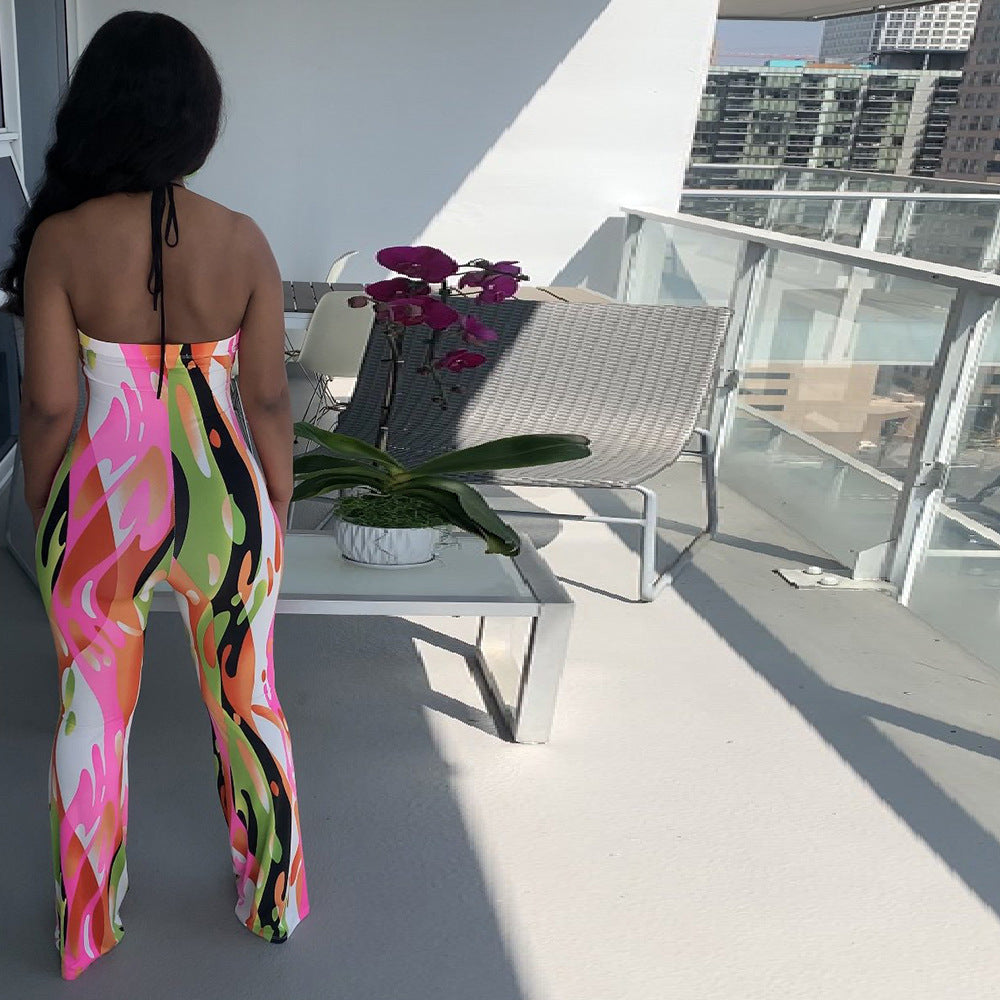 Sexy Sexy Printed Halter Backless Jumpsuit