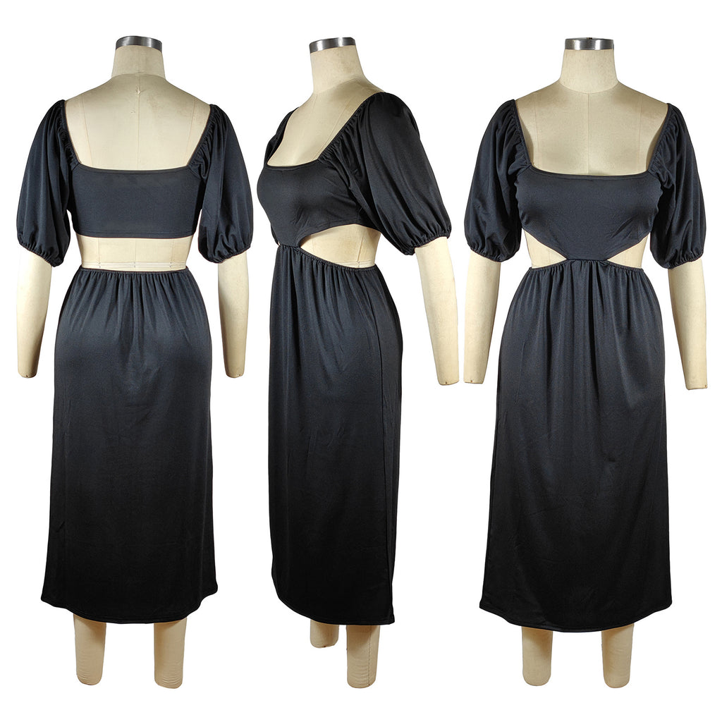 Sexy Solid Short Sleeve Hollow Out Midi Dress