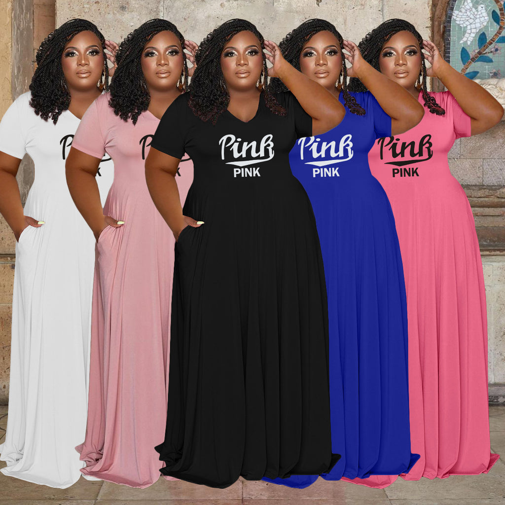Sexy Plus Size Pink Letter Print Short Sleeve Maxi Dress