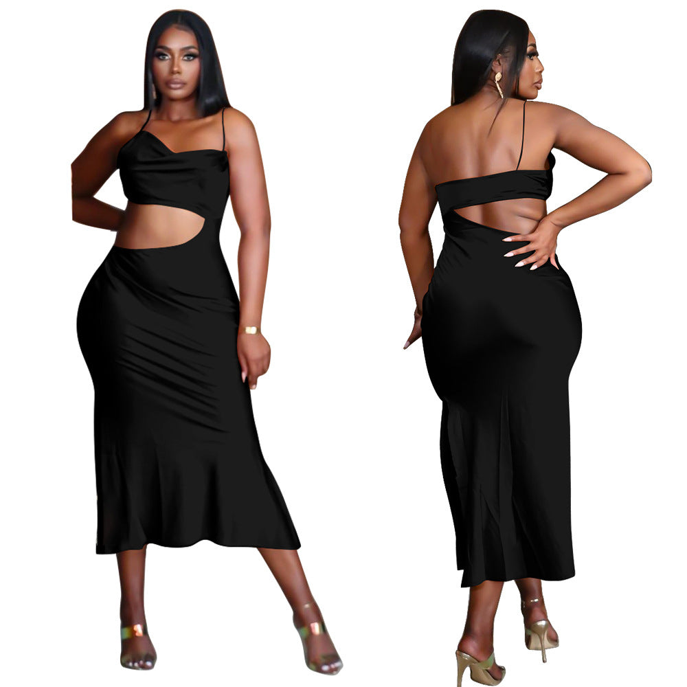 Sexy Solid Color Sling Ruffled Midi Dress