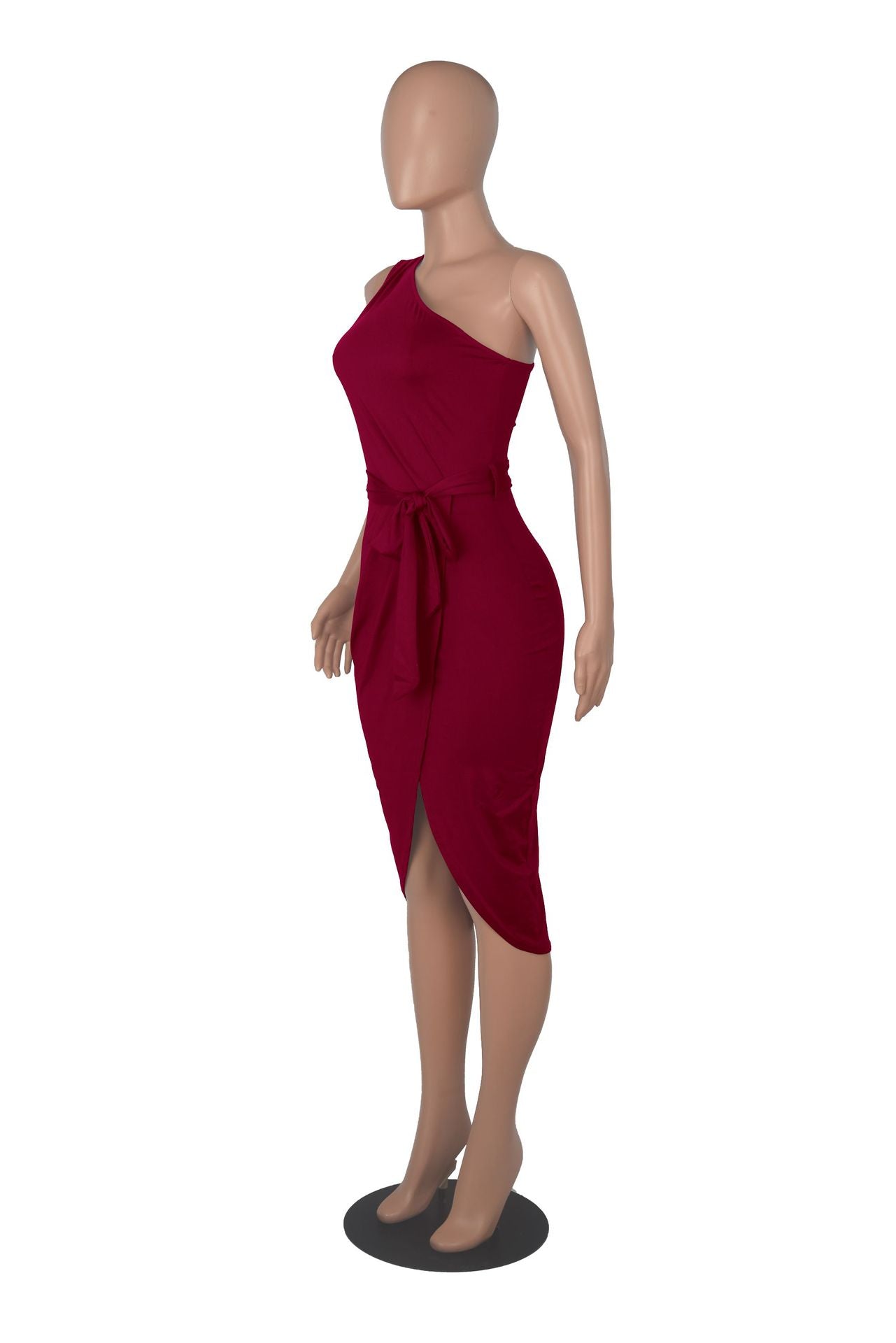 Sexy Solid One Shoulder Sleeveless Sashes Midi Dress