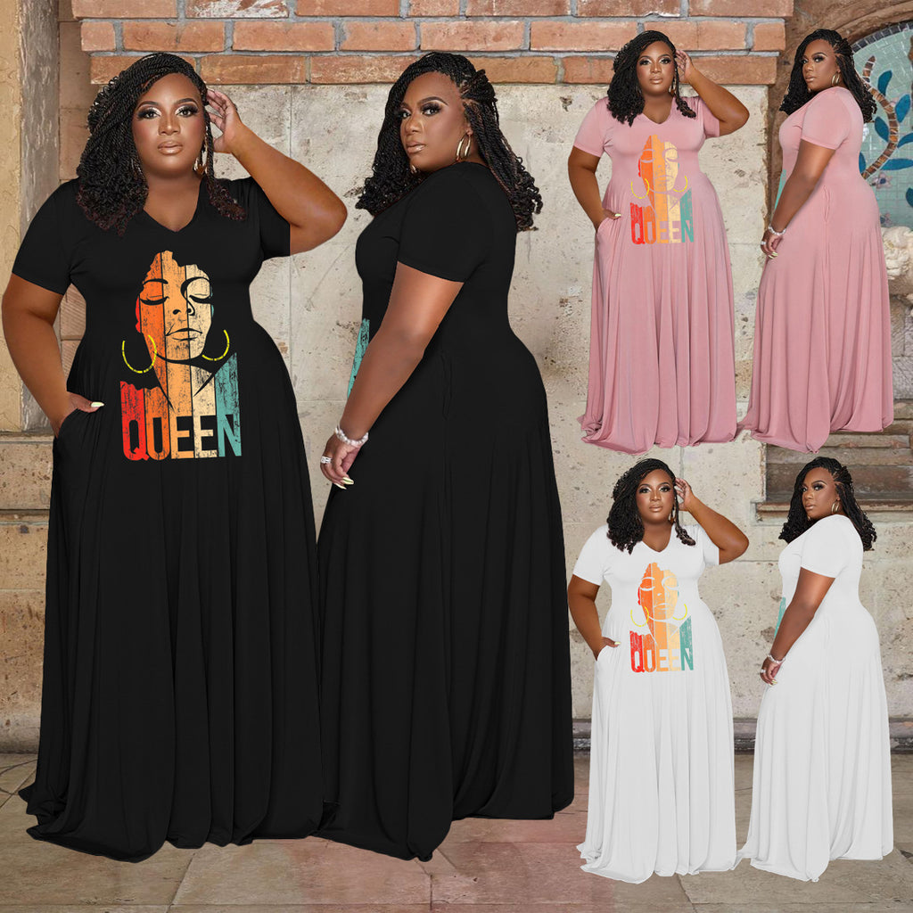 Sexy Plus Size QUEEN Letter V Neck Short Sleeve Maxi Dress