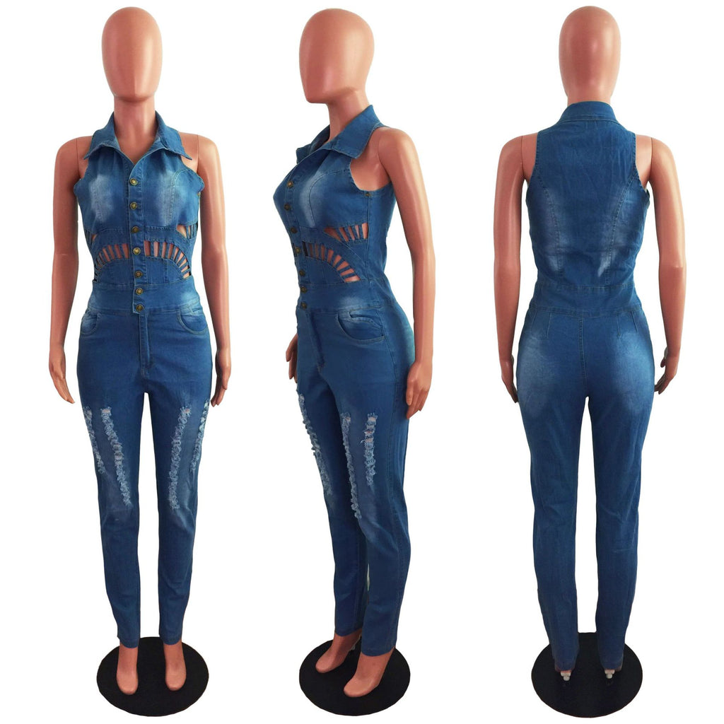 Sexy Plus Size Denim Ripped Hole Sleeveless Jeans Jumpsuit