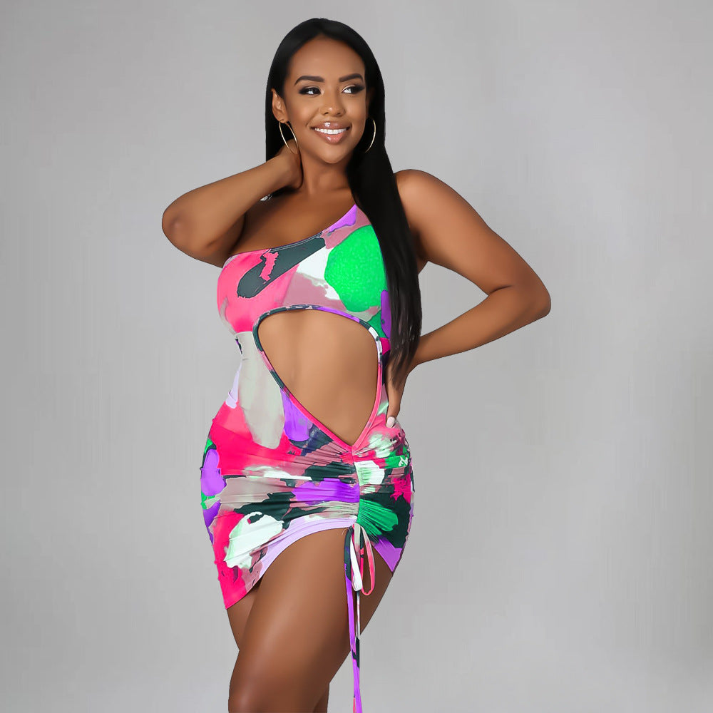 Sexy Sexy Printed One Shoulder Drawstring Hollow Mini Dress