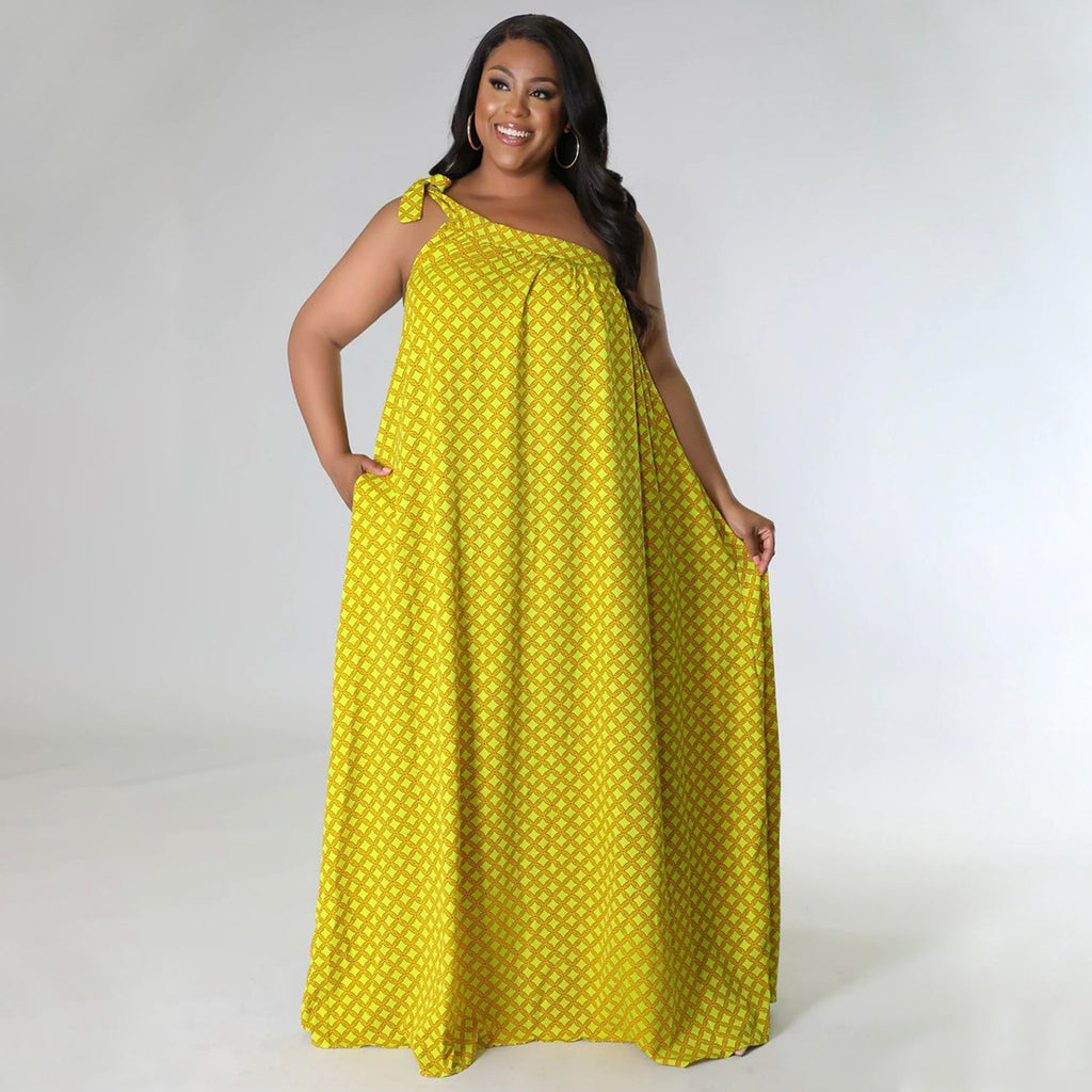 Sexy Plus Size Polka Dot Print One Shoulder Loose Maxi Dress