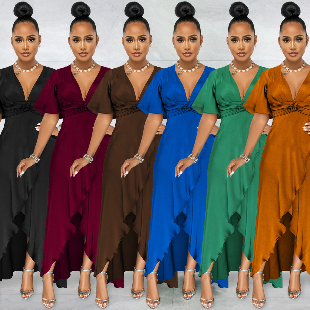 Sexy Solid V Neck Short Sleeve Irregular Maxi Dress