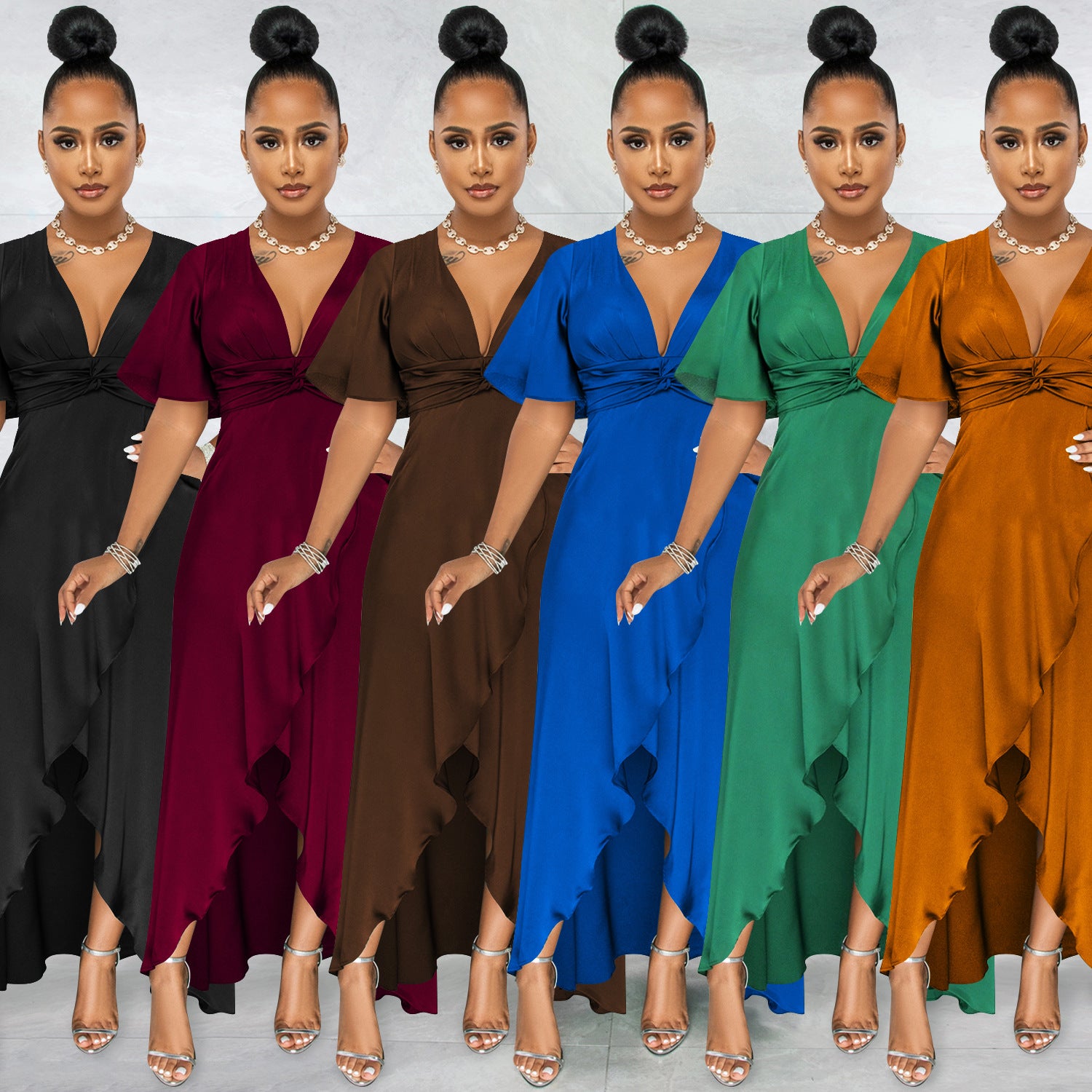 Sexy Solid V Neck Short Sleeve Irregular Maxi Dress