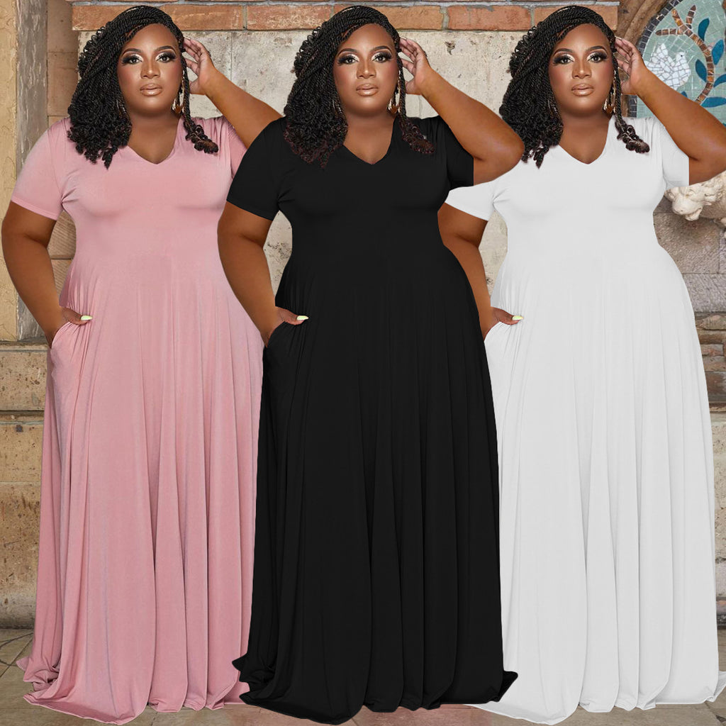 Sexy Plus Size Solid V Neck High Waist Maxi Dress