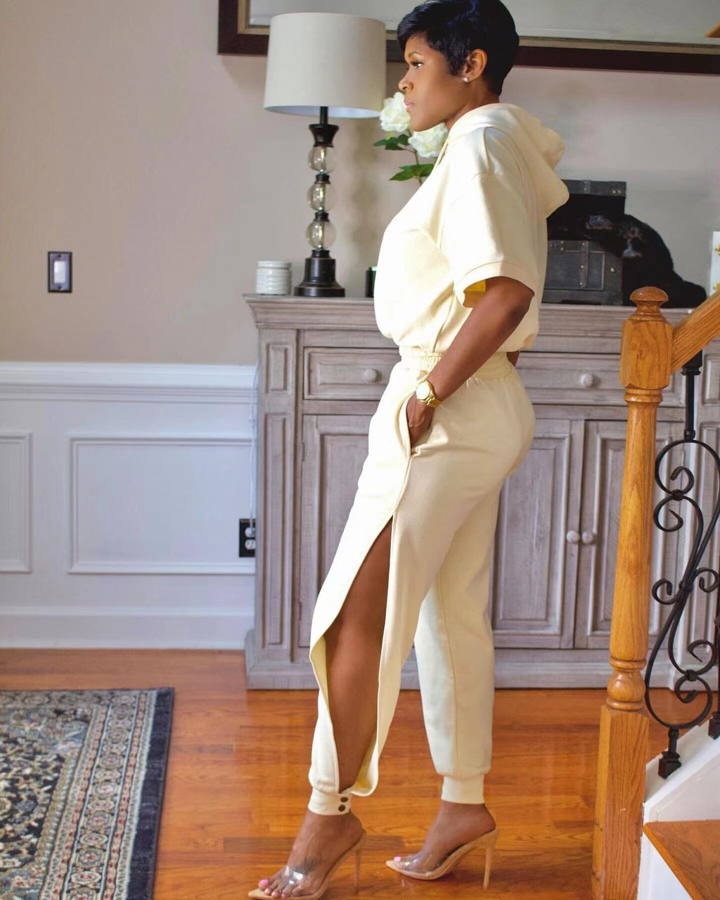 Sexy Casual Solid Hoodie And Slit Pants Sports Two Piece Set