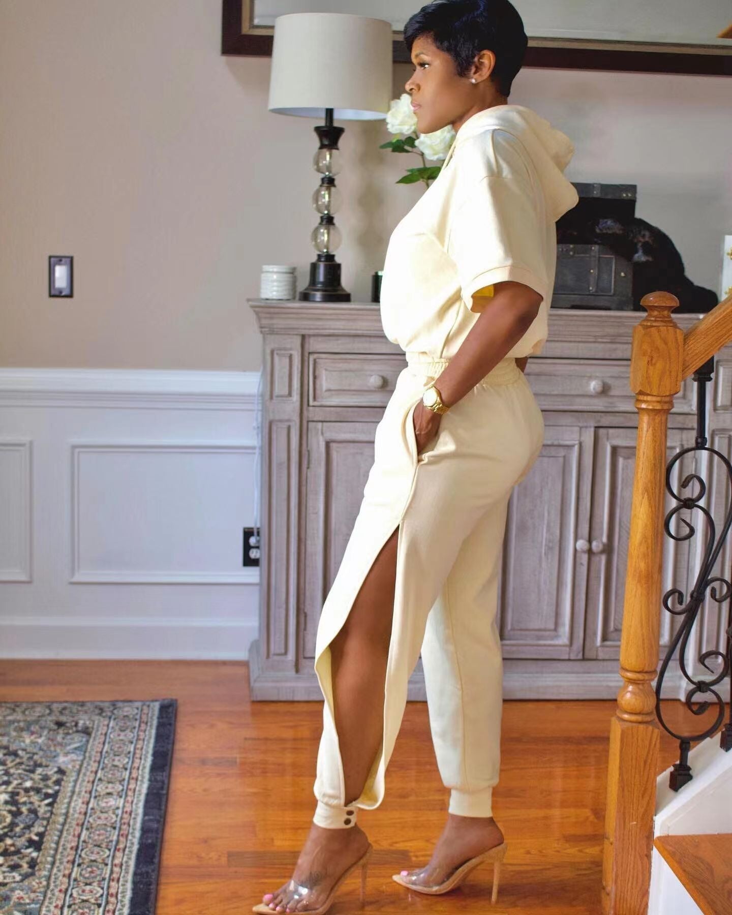Sexy Casual Solid Hoodie And Slit Pants Sports Two Piece Set
