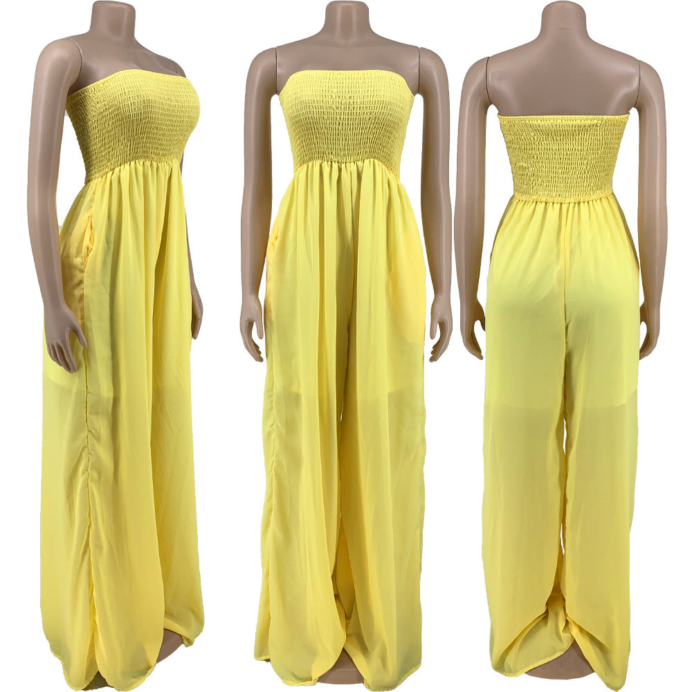 Sexy Plus Size Solid Off Shoulder Strapless Wide Leg Jumpsuit