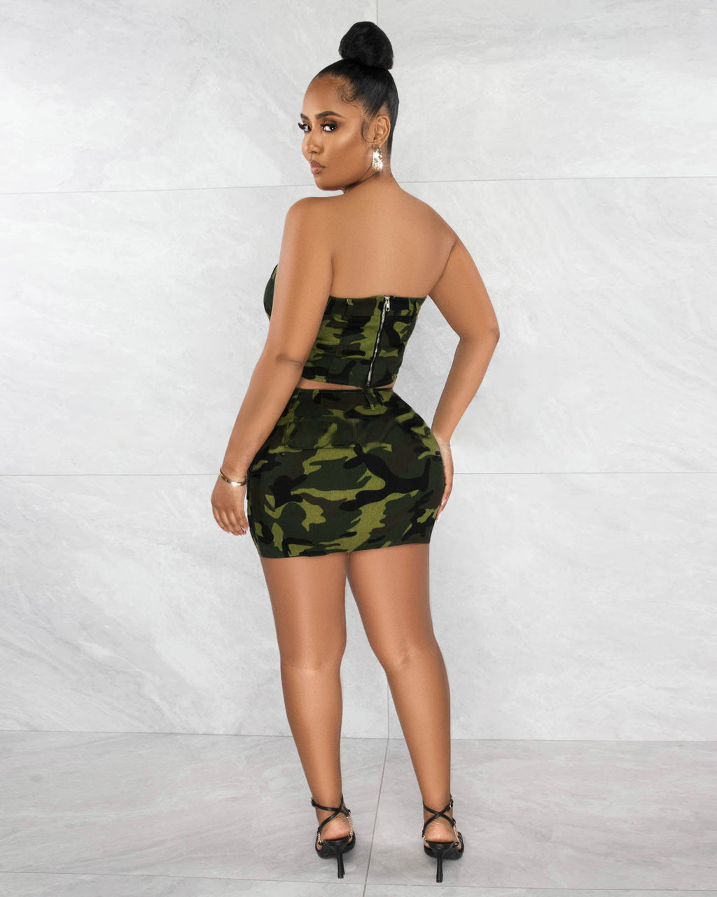 Sexy Camo Print Tube Tops And Skirt Denim 2 Piece Set