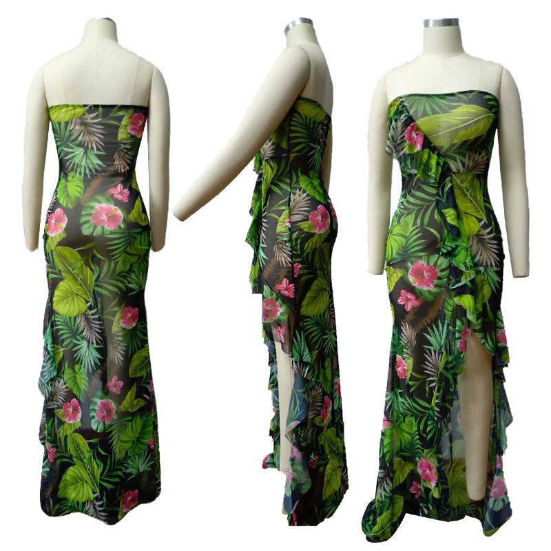 Sexy Tube Top Ruffle Sexy Print Beach Maxi Dress