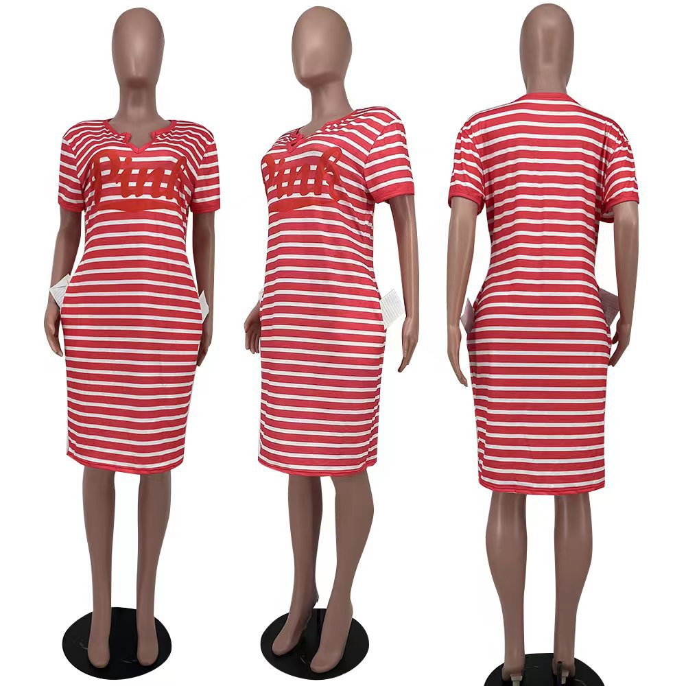 Sexy Plus Size Pink Letter Striped Short Sleeve Midi Dress