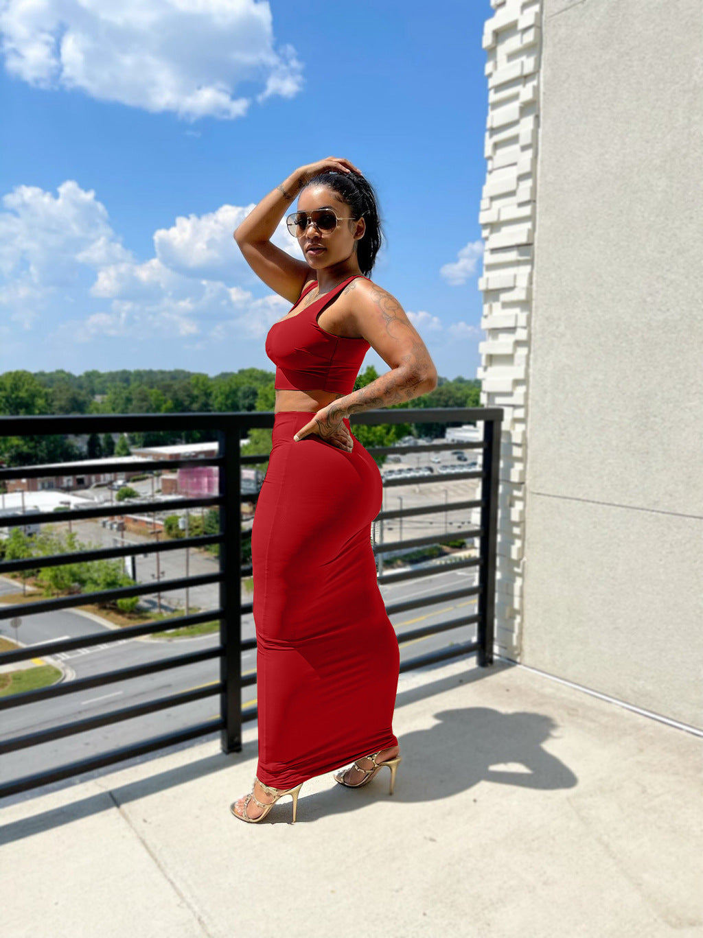 Sexy Casual Solid Tank Top Long Skirt 2 Piece Sets