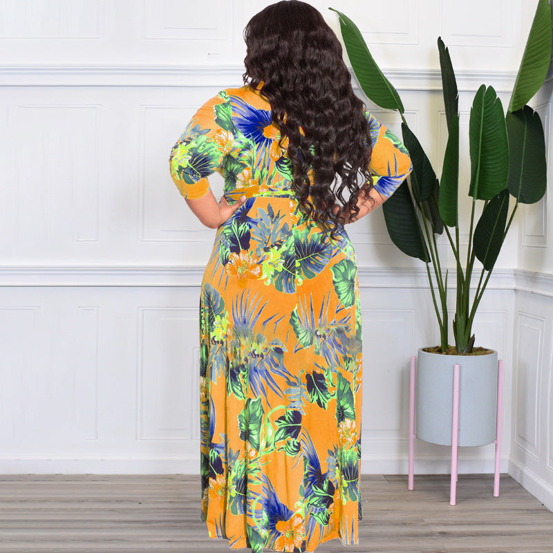 Sexy Plus Size Floral Print Sashes Maxi Dress